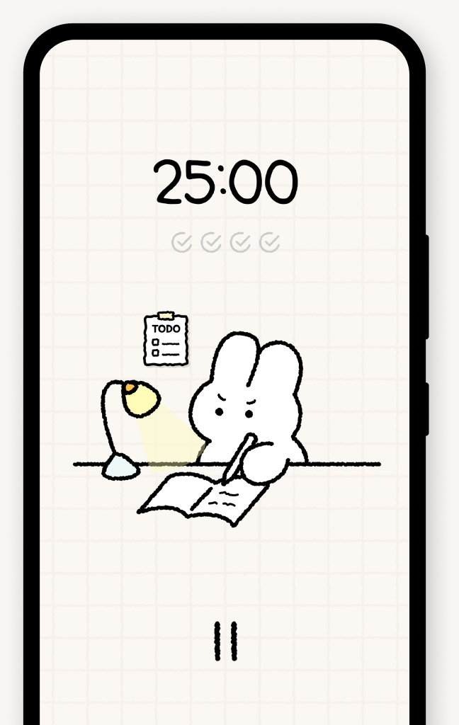 25:00 타이머와 공부하는 토끼가 보이는 포모코 타이머 화면